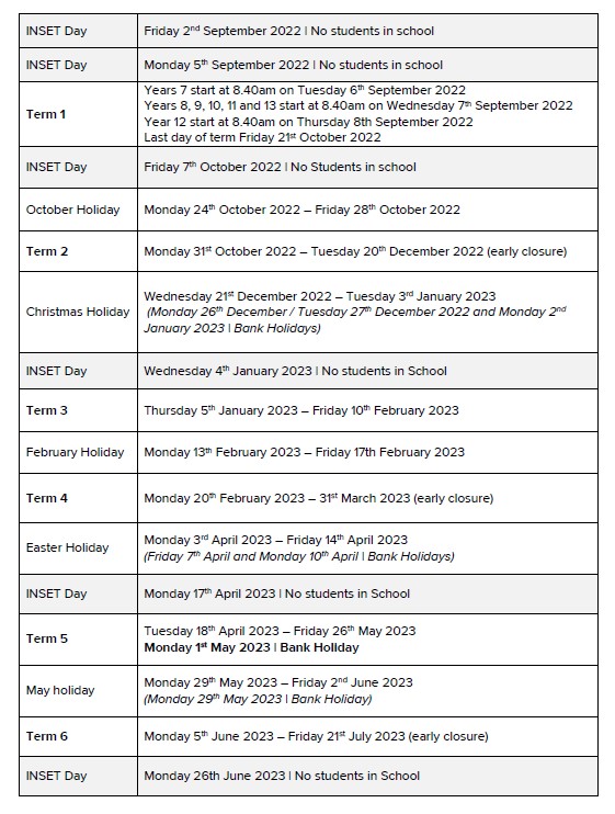 Greyfriars Catholic School Term Dates