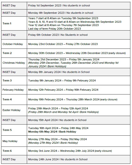 Greyfriars Catholic School Term Dates