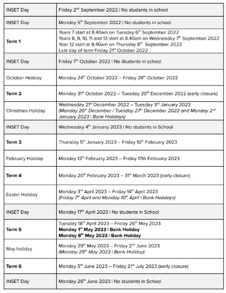 Greyfriars Catholic School - Term Dates